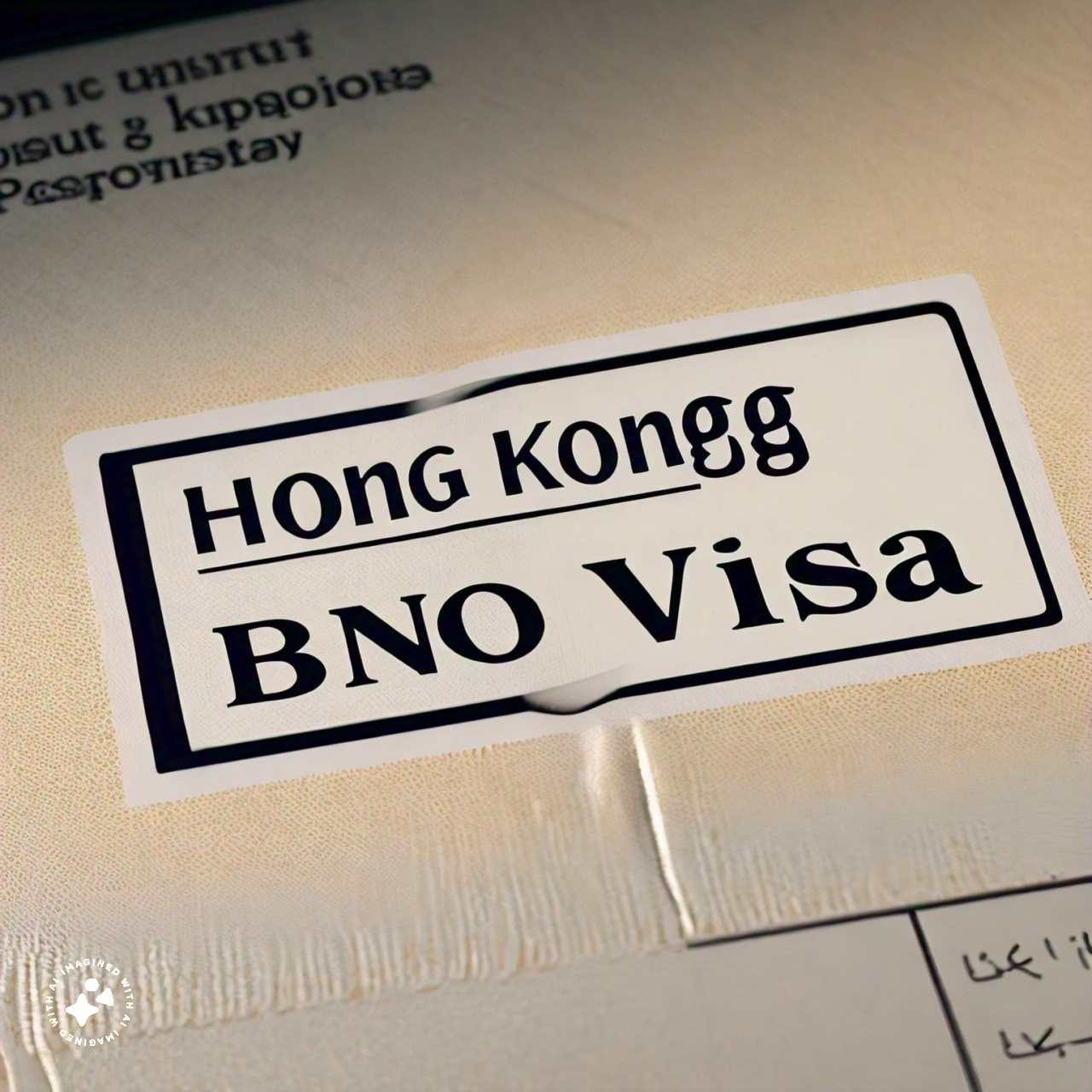 A close-up of a sticker reading "Hong Kong BNO Visa" placed on a document, with a blurred section of the same document visible in the background.