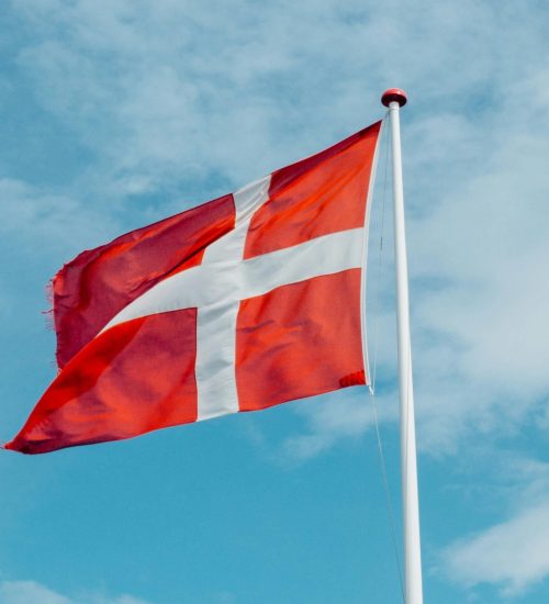 Red and white Danish flag fluttering in the wind, symbolizing national pride on a clear day.