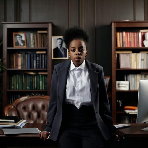 African American woman in a suit poses confidently in a law office setting.