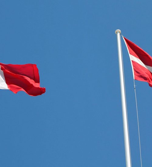 Flags of Malta and Denmark waving on poles against a clear blue sky.